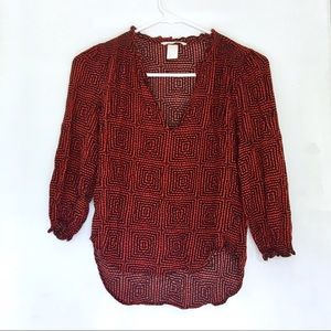 Geometric Blouse | V-Neck | 3/4 Sleeve Dark Orange